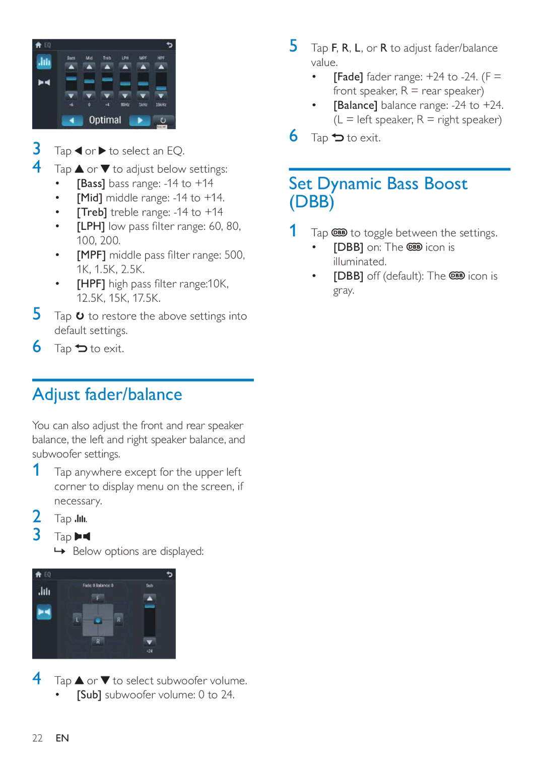 Philips CID3692 user manual Adjust fader/balance, Set Dynamic Bass Boost DBB 