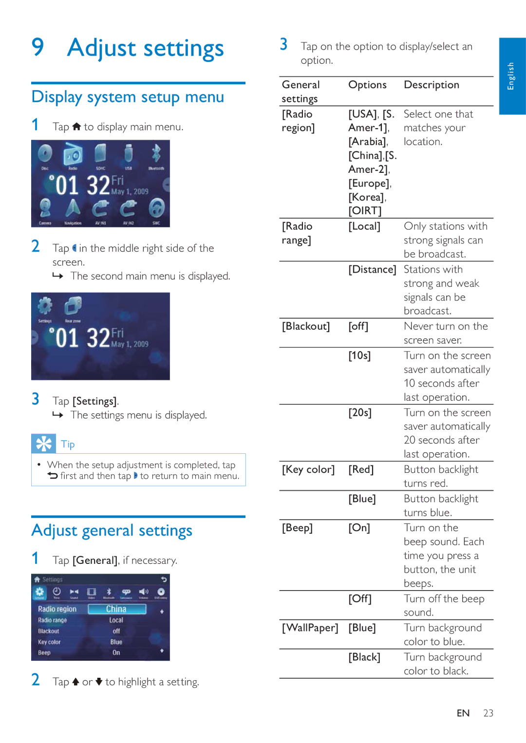 Philips CID3692 user manual Adjust settings, Display system setup menu, Adjust general settings, Oirt 