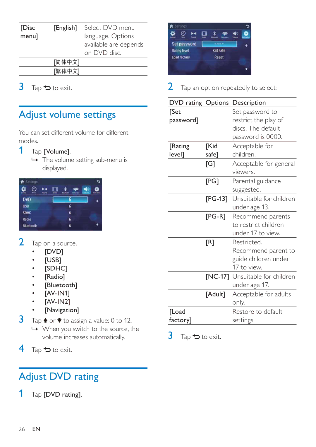 Philips CID3692 user manual Adjust volume settings, Adjust DVD rating 