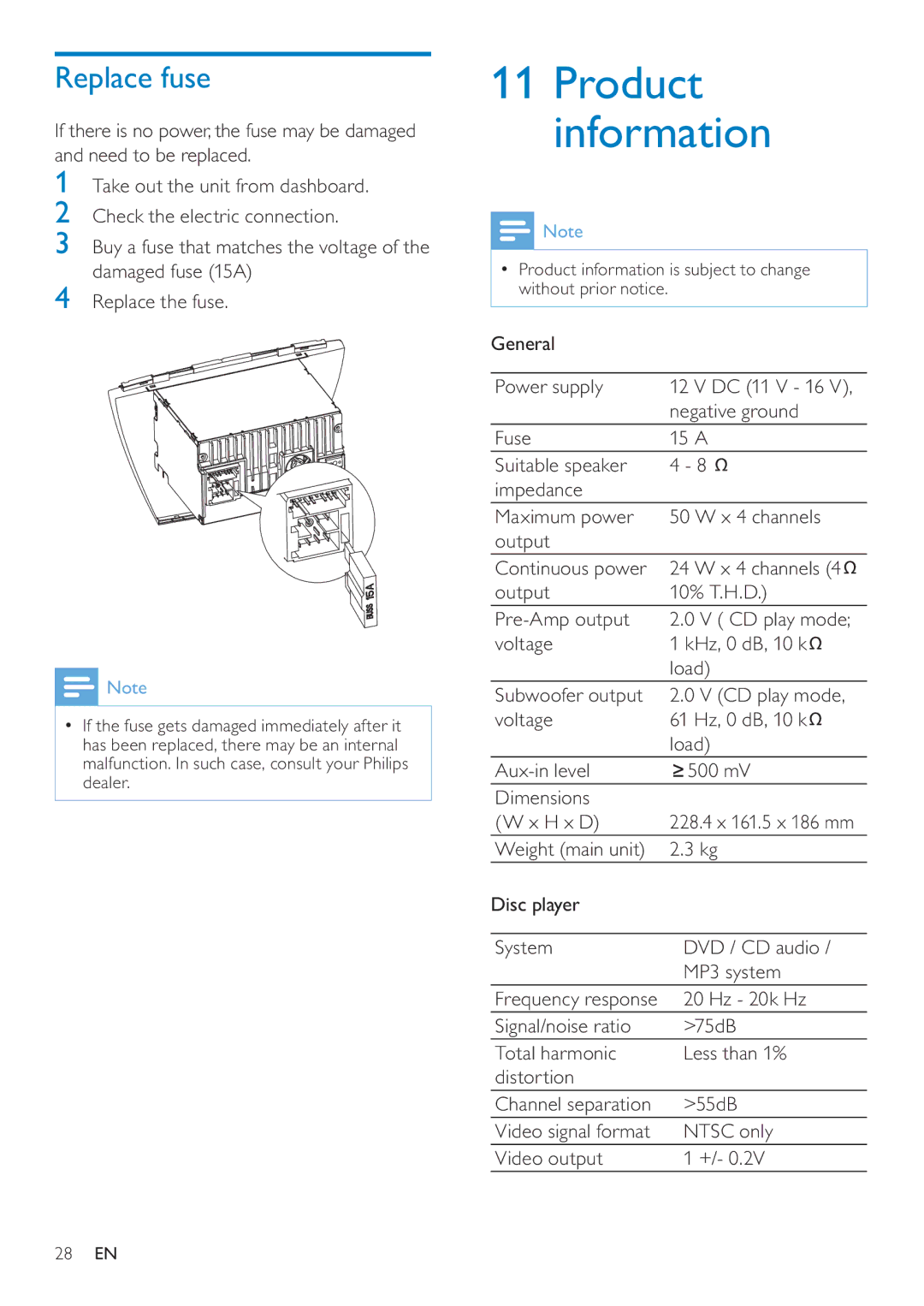 Philips CID3692 user manual Product information, Replace fuse 