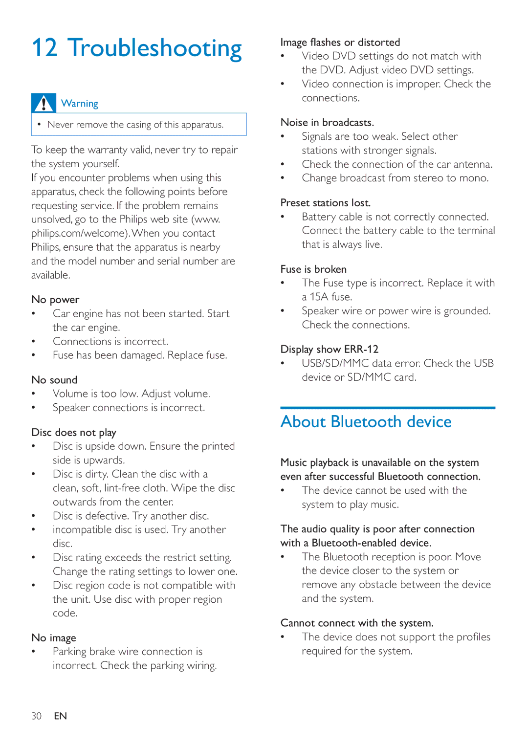 Philips CID3692 user manual Troubleshooting, About Bluetooth device, Image ﬂashes or distorted 