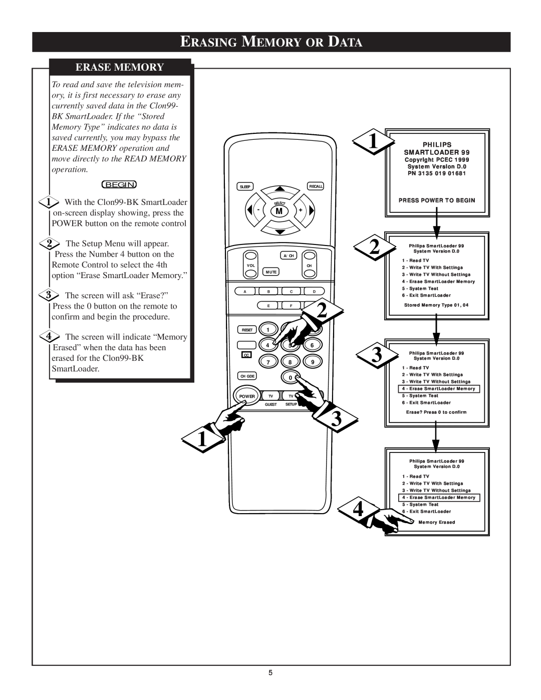 Philips Clon99-BKI manual Erasing Memory Or Data, Erase Memory 