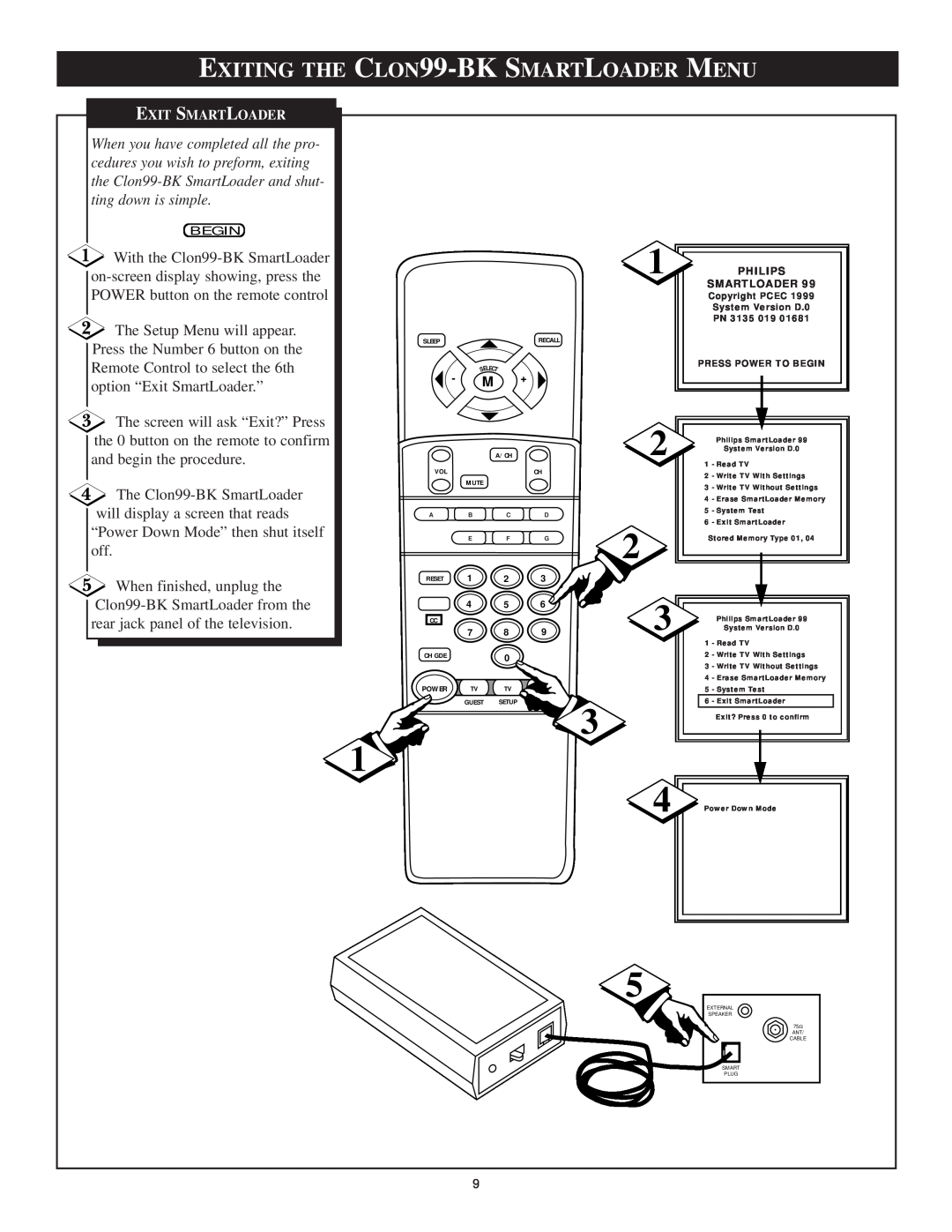 Philips Clon99-BKI manual EXITING THE CLON99-BK SMARTLOADER MENU, Exit Smartloader 
