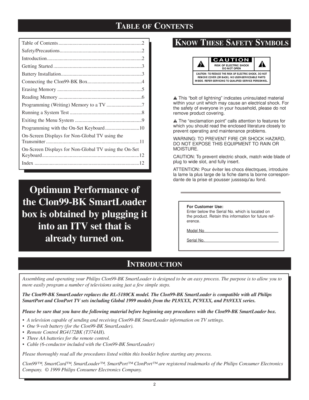 Philips Clon99-BKI manual Table of Contents, Know These Safety Symbols, Introduction 