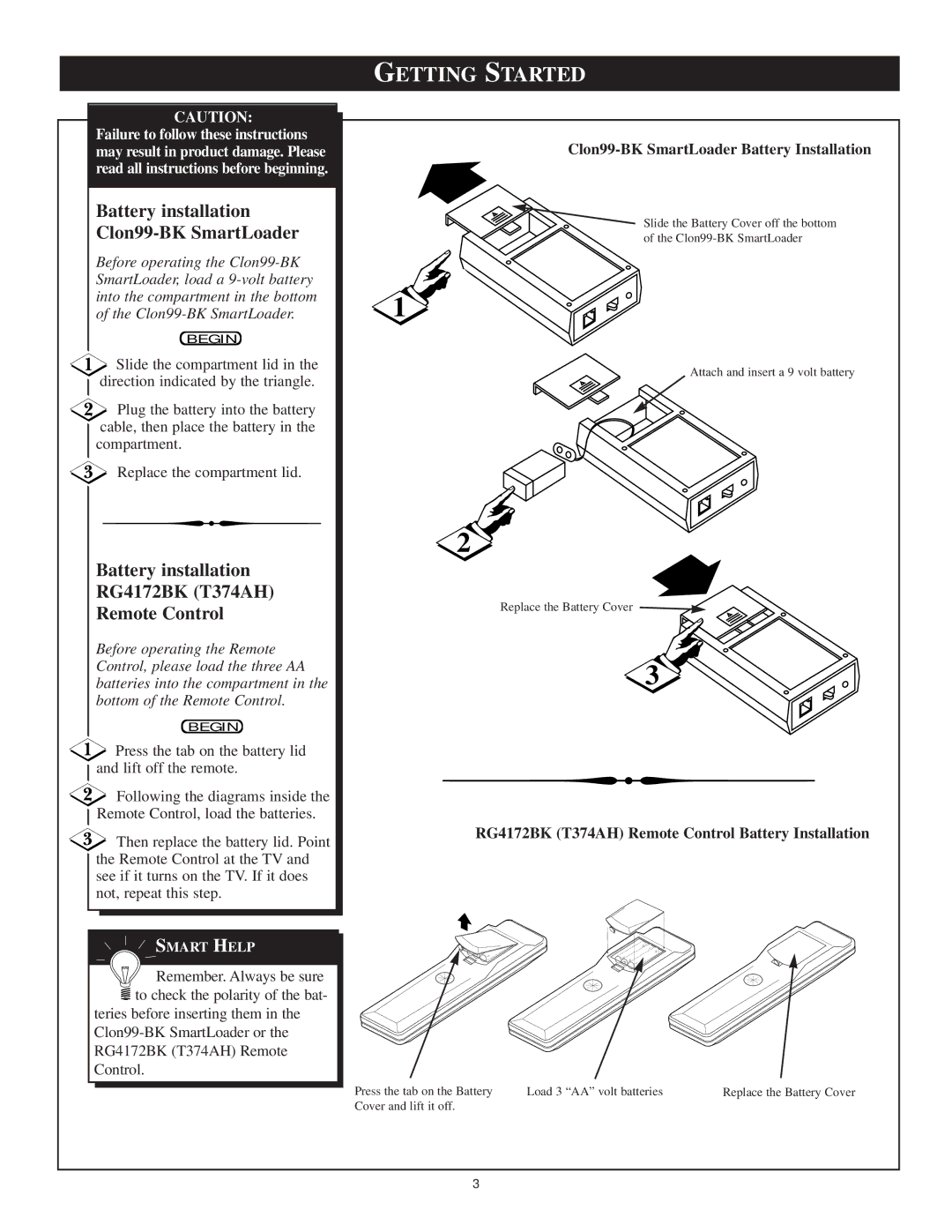 Philips Clon99-BKI manual Getting Started, Battery installation Clon99-BK SmartLoader 