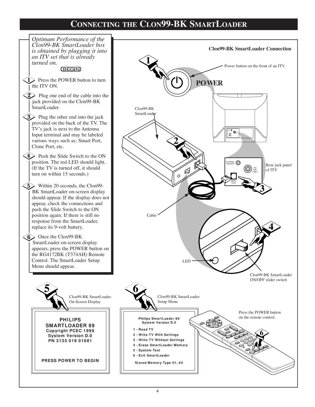 Philips Clon99-BKI manual Power, Connecting the CLON99-BK Smartloader 