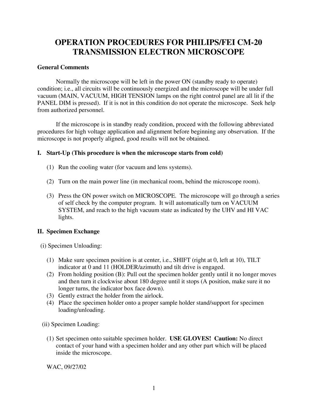 Philips CM-20 manual General Comments, II. Specimen Exchange 