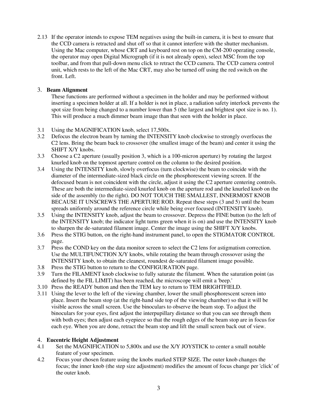 Philips CM-200 manual Beam Alignment, Eucentric Height Adjustment 