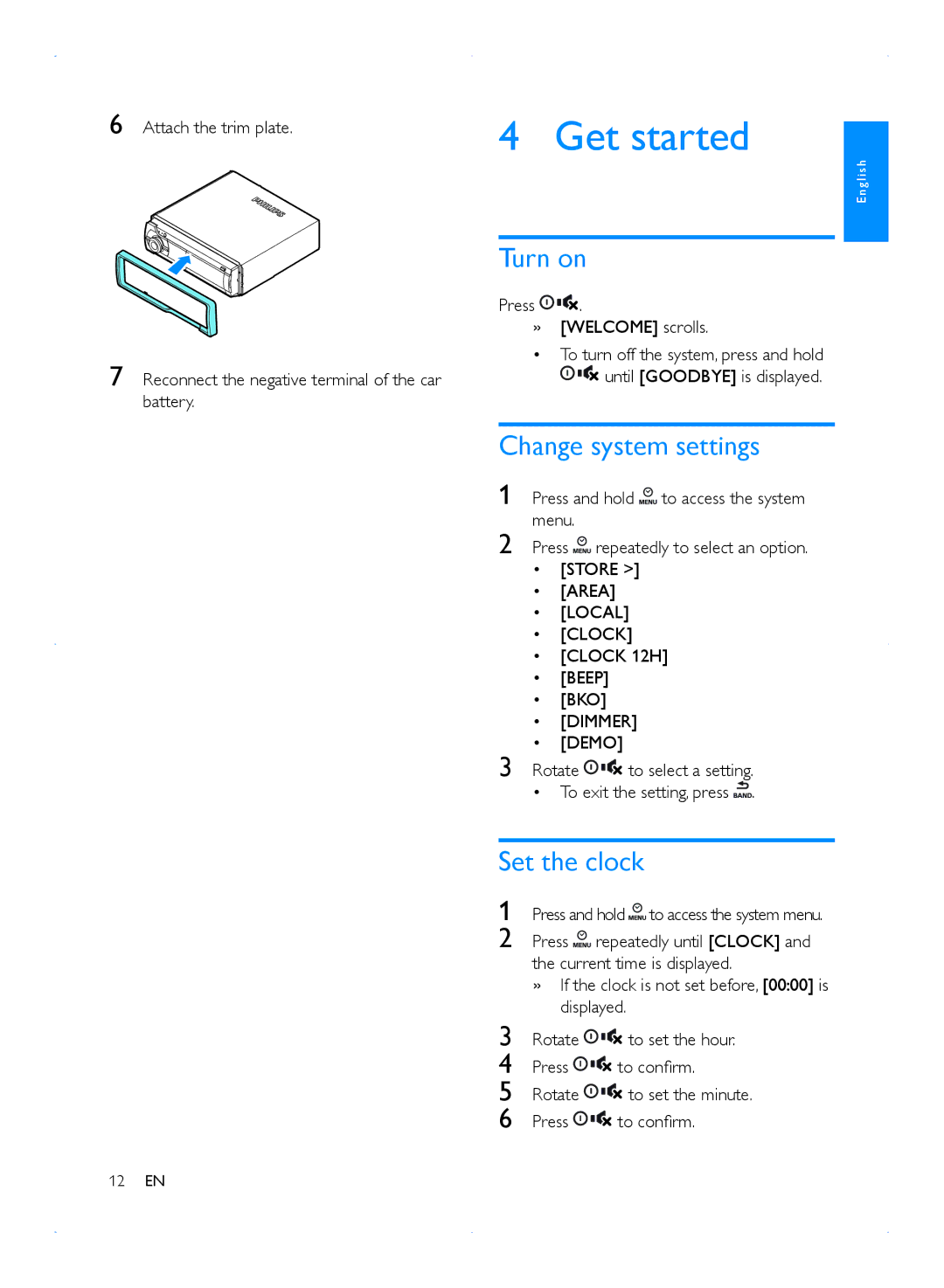 Philips CMD310 user manual Get started, Turn on, Change system settings, Set the clock 