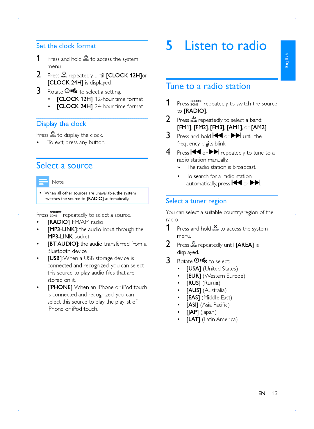 Philips CMD310 user manual Listen to radio, Select a source, Tune to a radio station 