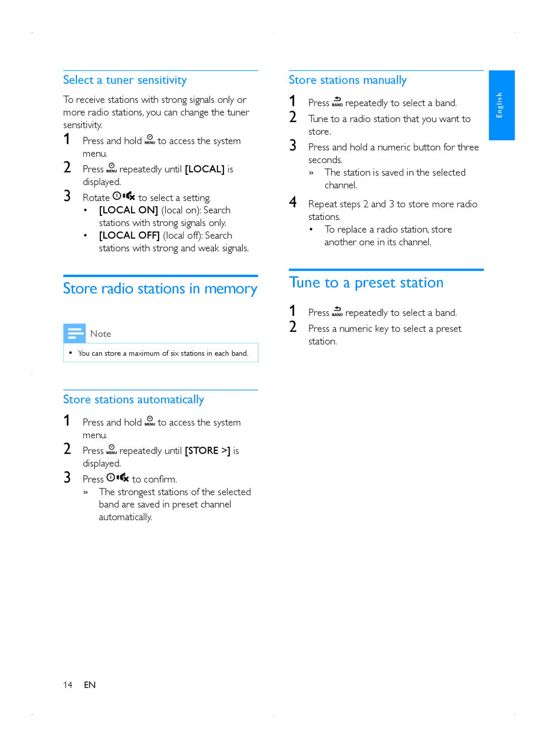 Philips CMD310 user manual Store radio stations in memory, Tune to a preset station, Select a tuner sensitivity 