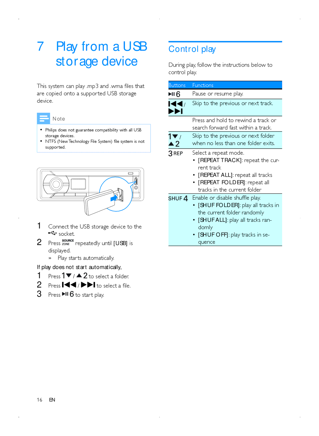 Philips CMD310 Control play, During play, follow the instructions below to control play, Enable or disable shuffle play 