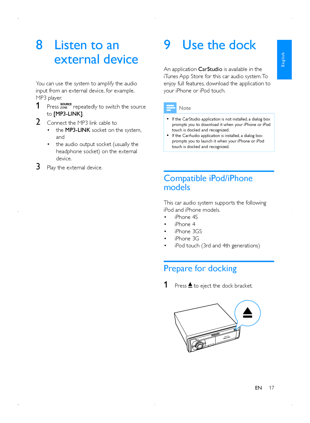 Philips CMD310 Use the dock, Compatible iPod/iPhone models, Prepare for docking, An application CarStudio is available 