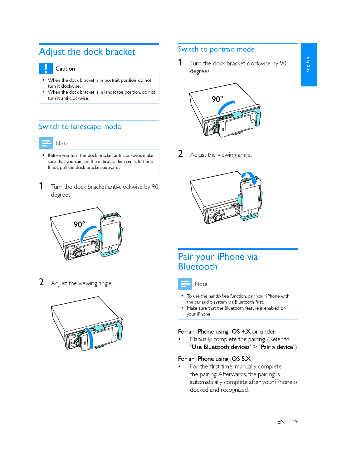 Philips CMD310 Adjust the dock bracket, Pair your iPhone via Bluetooth, Switch to landscape mode, Switch to portrait mode 