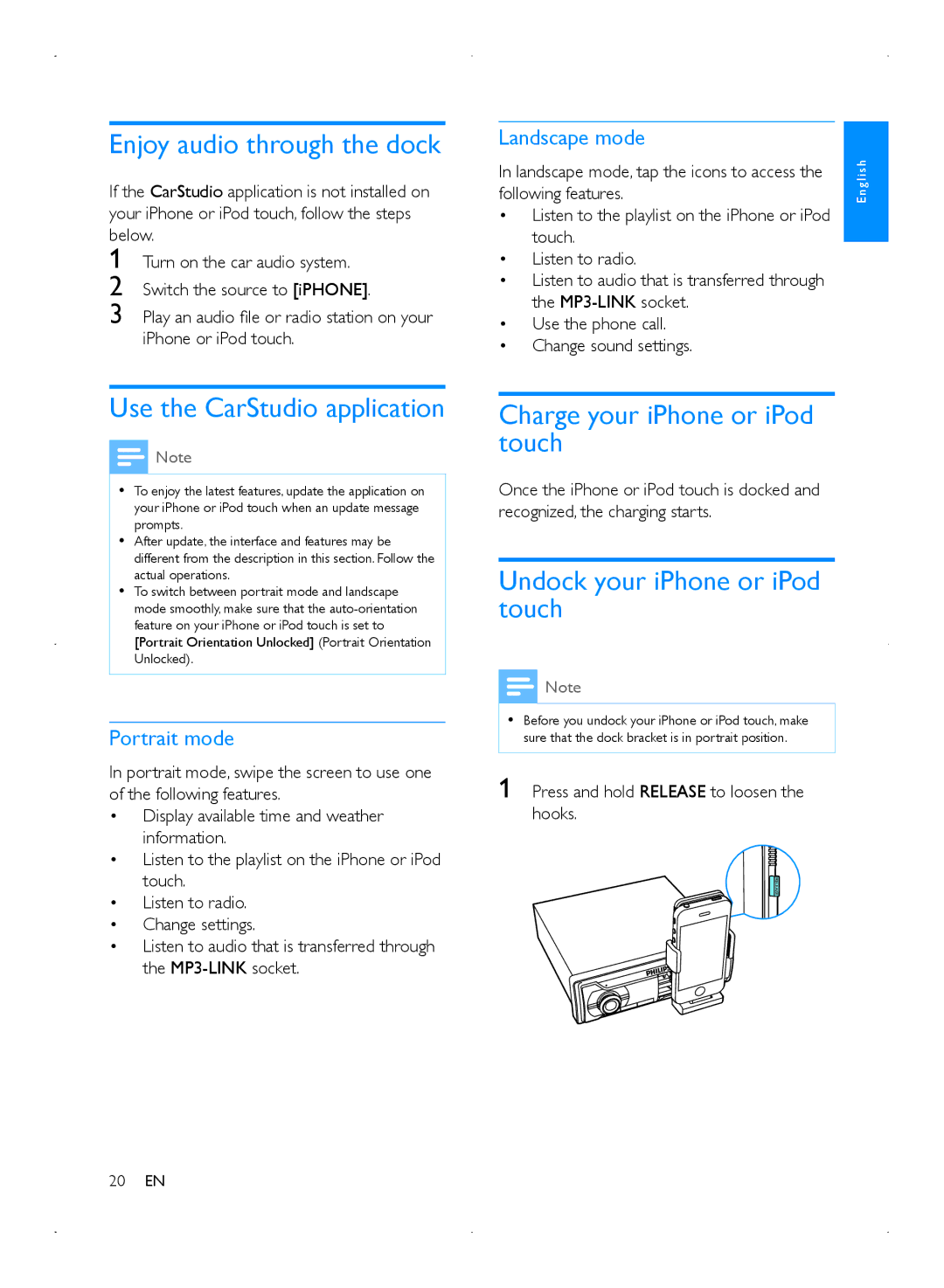 Philips CMD310 user manual Enjoy audio through the dock, Use the CarStudio application, Charge your iPhone or iPod touch 