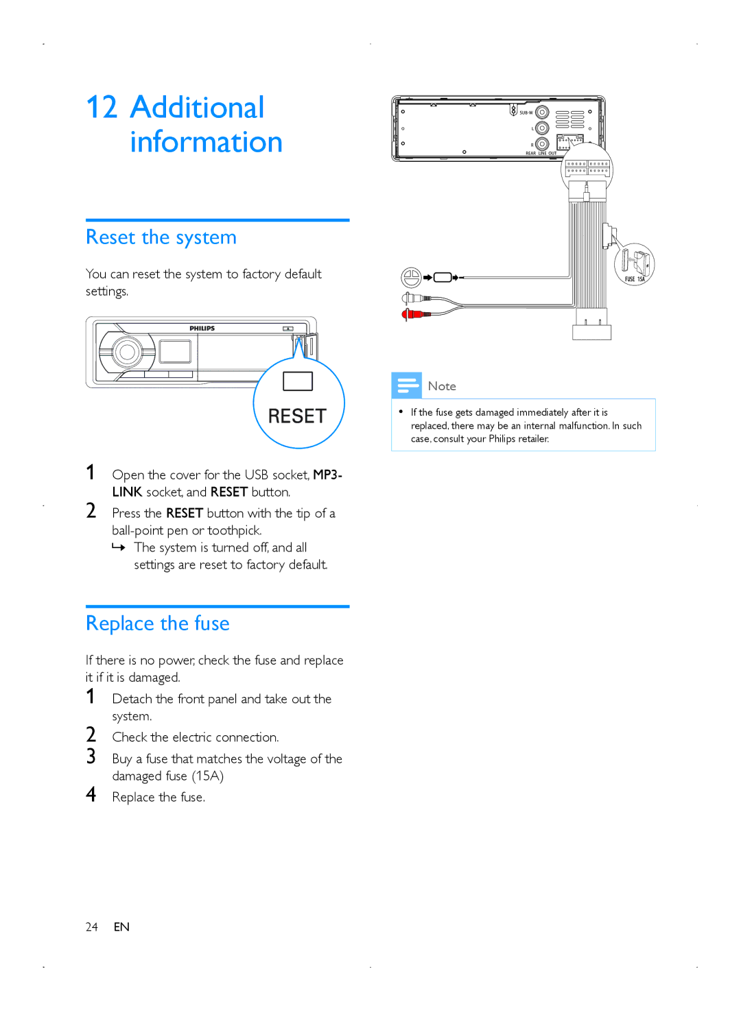 Philips CMD310 user manual Additional information, Reset the system, Replace the fuse 