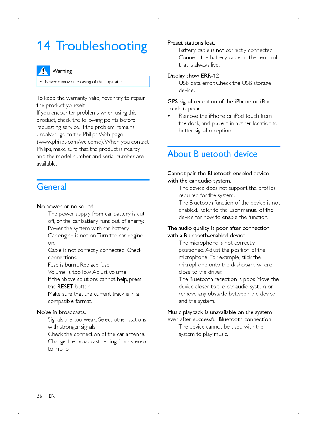 Philips CMD310 user manual Troubleshooting, General, About Bluetooth device, No power or no sound 