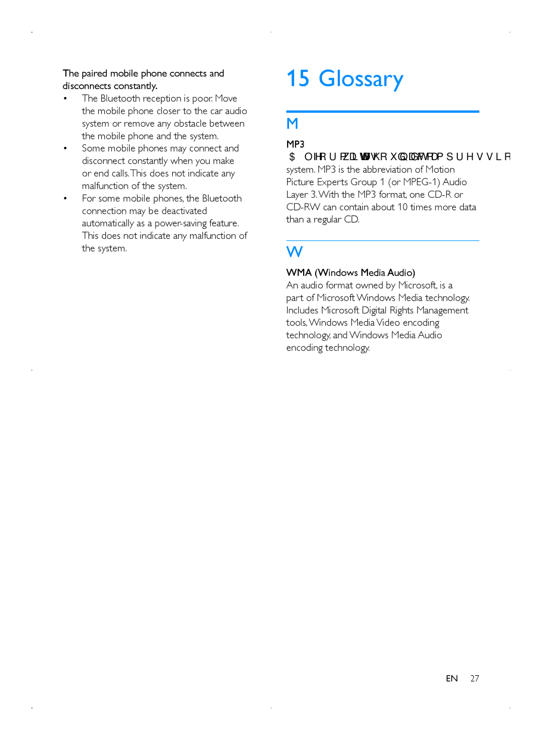 Philips CMD310 user manual Glossary, Paired mobile phone connects and disconnects constantly, WMA Windows Media Audio 