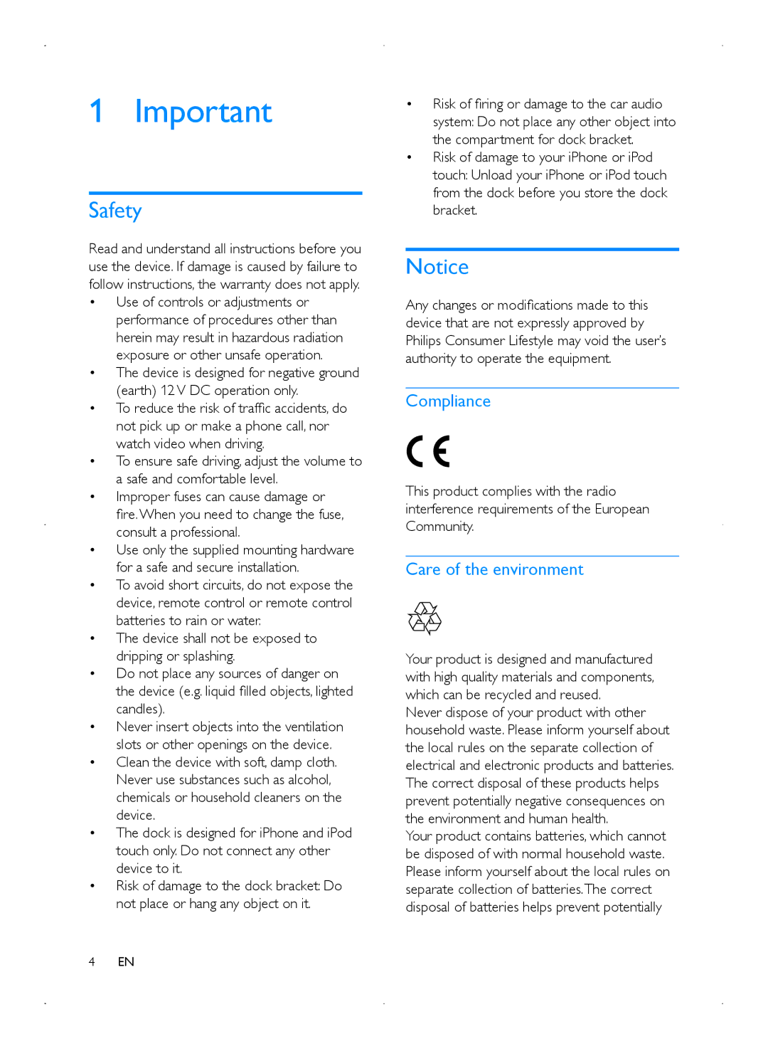 Philips CMD310 user manual Safety, Compliance, Care of the environment 