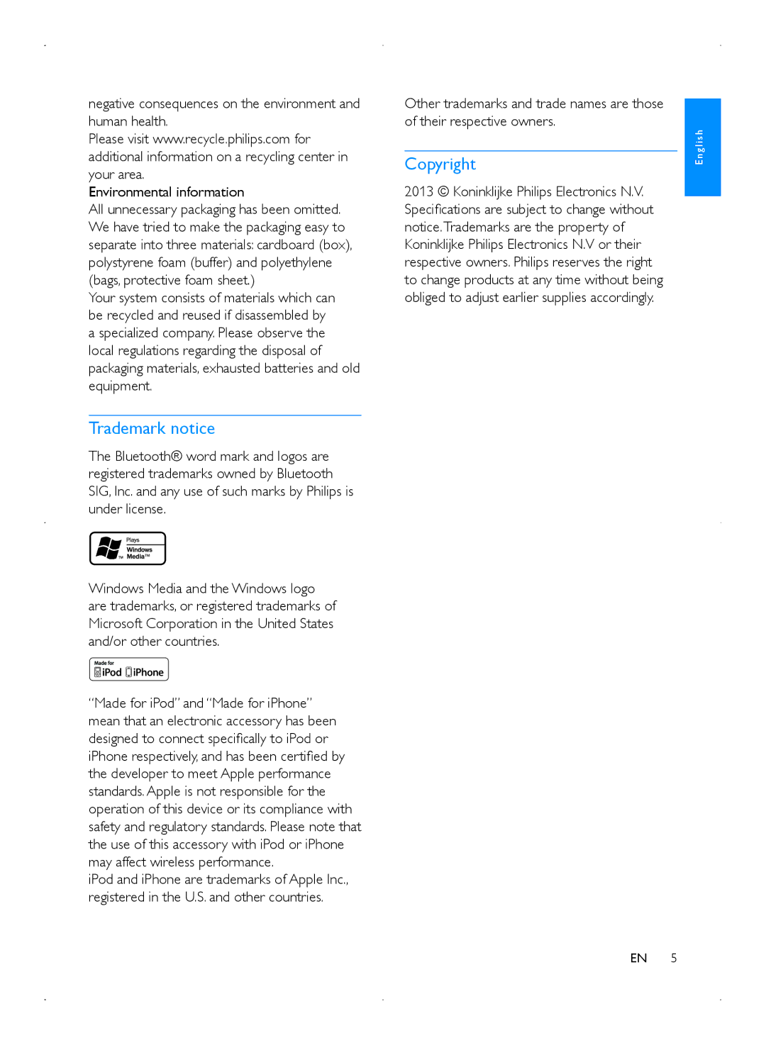 Philips CMD310 user manual Trademark notice, Copyright 