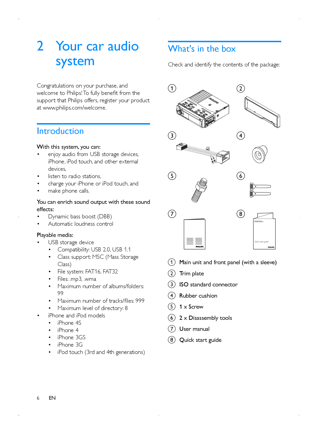 Philips CMD310 Your car audio system, Introduction, Whats in the box, Check and identify the contents of the package 