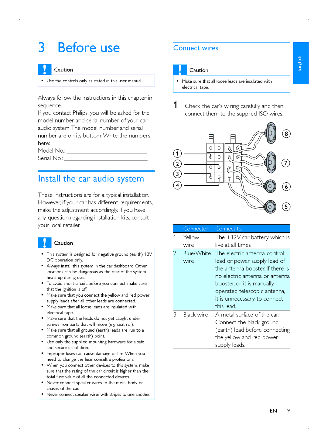 Philips CMD310 user manual Before use, Install the car audio system, Connect wires, Yellow 