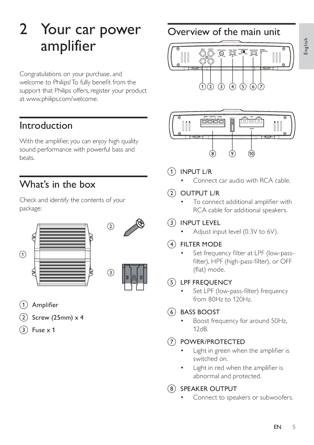 Philips CMQ205/00 user manual Your car power, Amplifier, Introduction, What’s in the box 