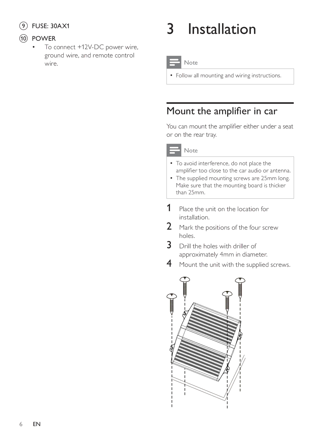 Philips CMQ205/00 user manual Installation, Mount the ampliﬁer in car, Mount the unit with the supplied screws 