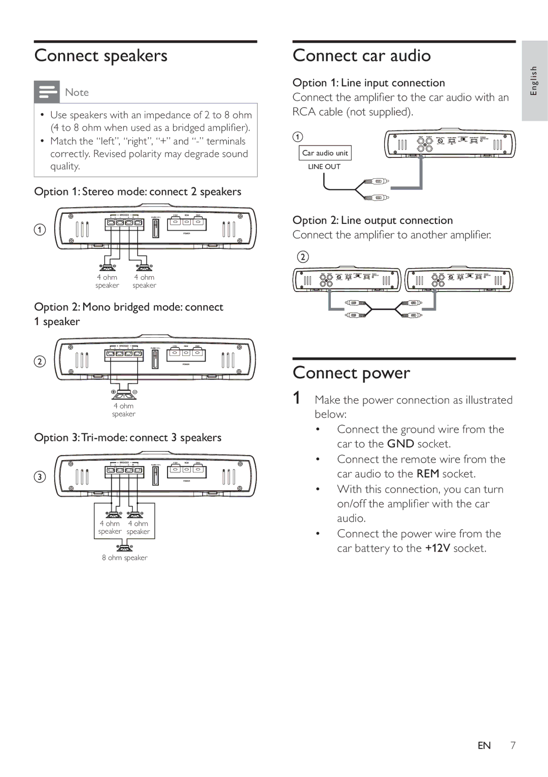 Philips CMQ205/00 user manual Connect speakers, Connect car audio, Connect power 