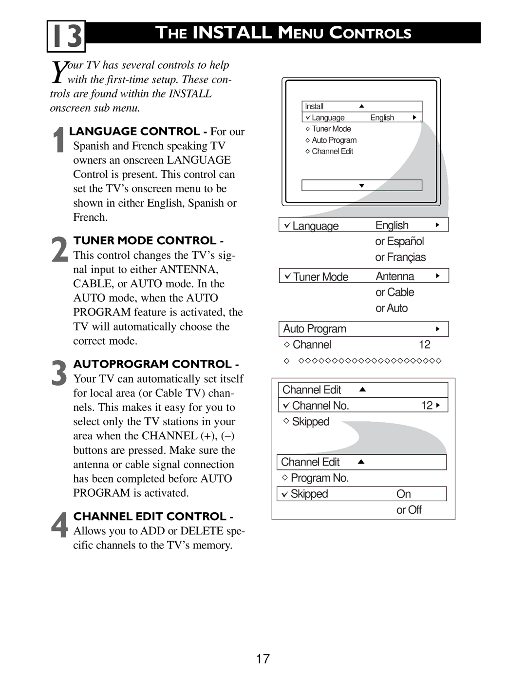 Philips Color TV warranty Install Menu Controls, Trols are found within the Install onscreen sub menu 