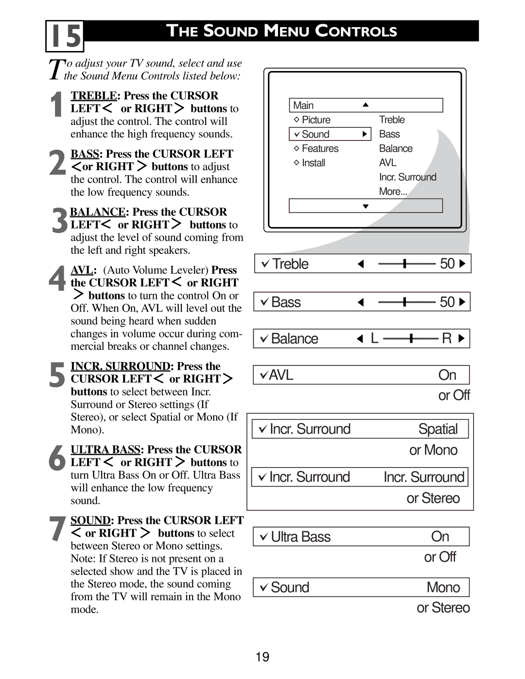 Philips Color TV warranty Sound Menu Controls, 1TREBLE Press the Cursor Left or Right buttons to 