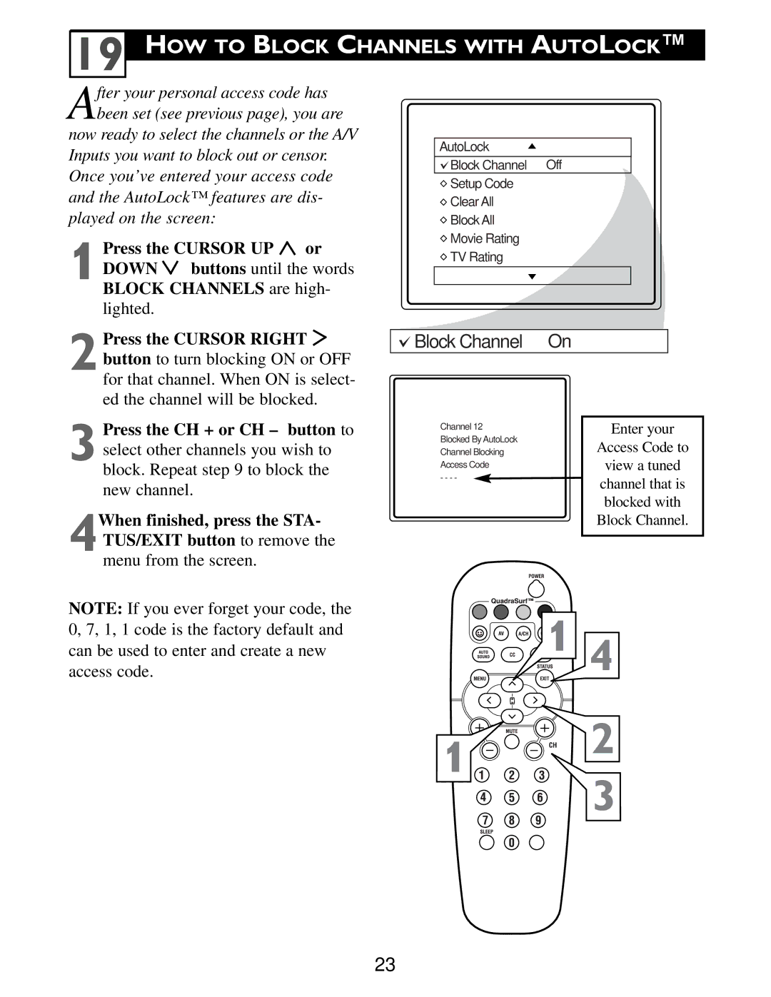 Philips Color TV warranty HOW to Block Channels with Autolock, 1Press the Cursor UP or 