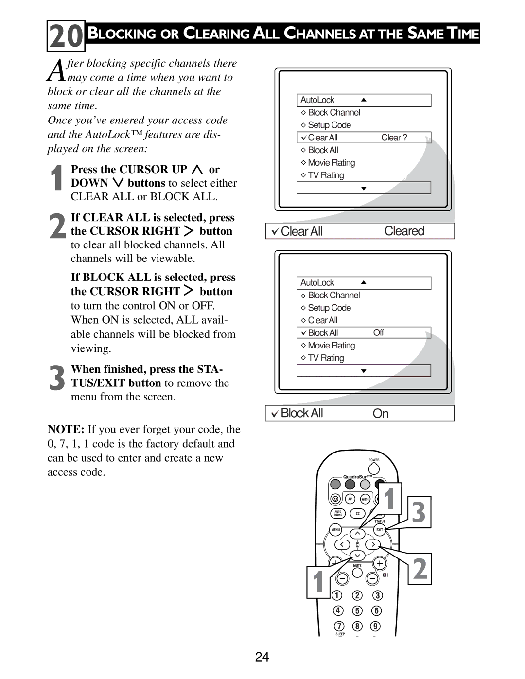 Philips Color TV 20BLOCKING or Clearing ALL Channels AT the Same Time, If Block ALL is selected, press Cursor Right button 