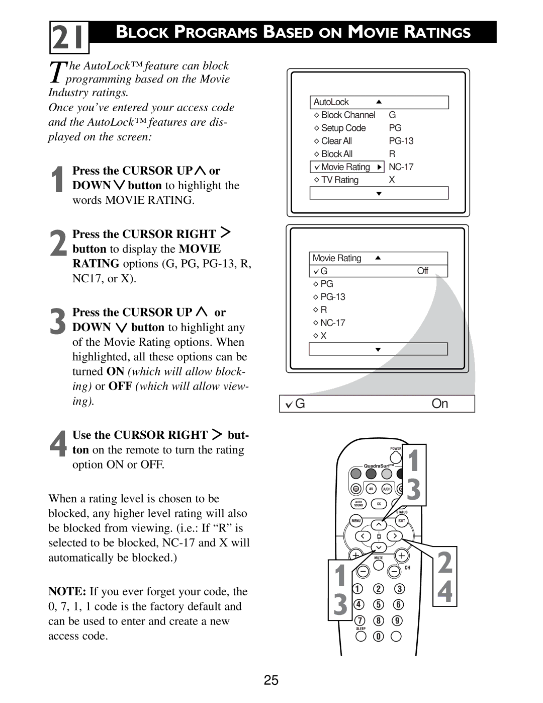 Philips Color TV warranty Block Programs Based on Movie Ratings, Press the Cursor UP or 