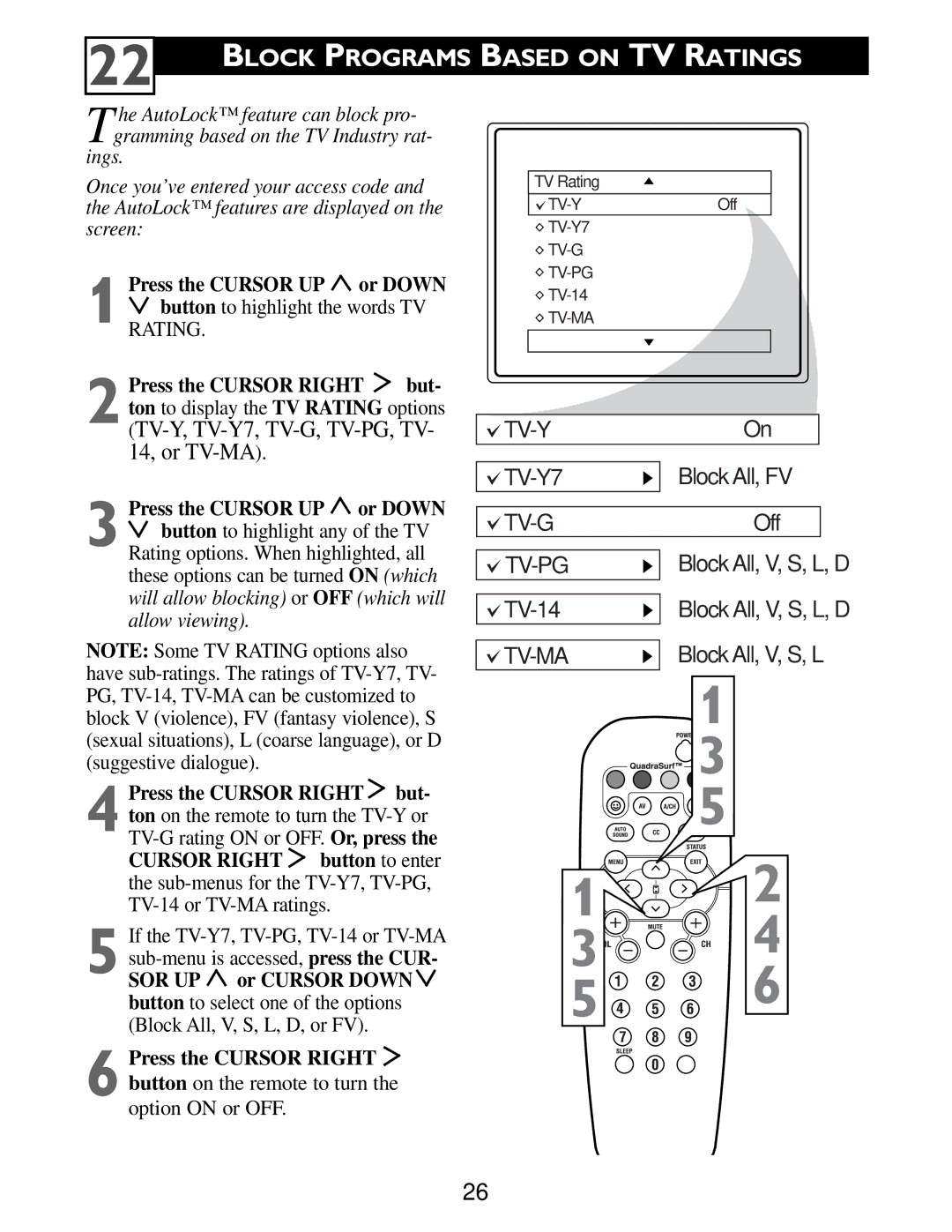 Philips Color TV warranty Block Programs Based on TV Ratings, Press the Cursor Right but 