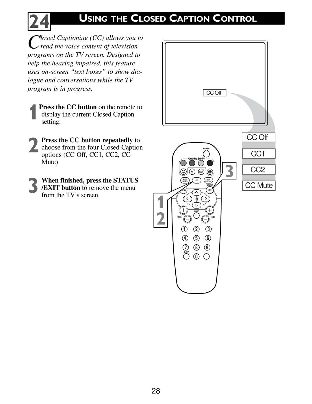 Philips Color TV warranty Using the Closed Caption Control 