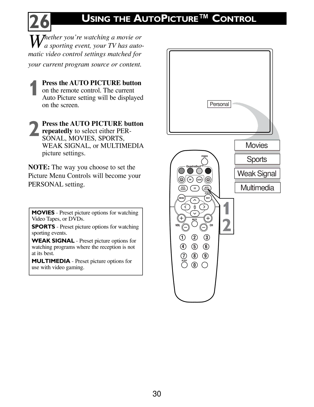 Philips Color TV warranty Using the Autopicture Control 