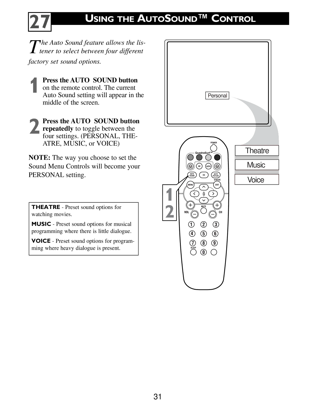 Philips Color TV warranty Using the Autosound Control 