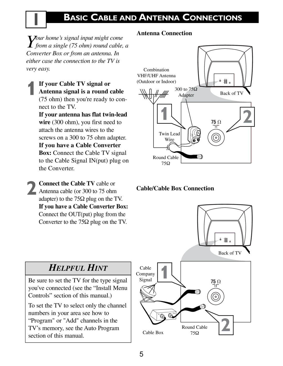 Philips Color TV warranty Basic Cable and Antenna Connections 