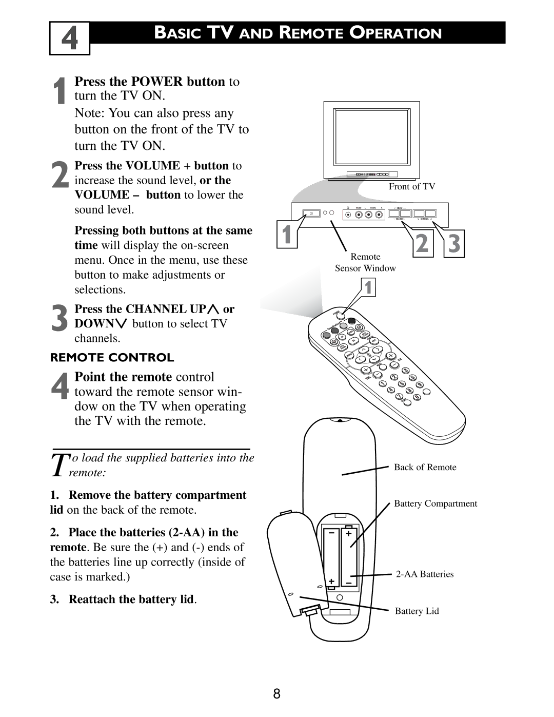 Philips Color TV warranty Basic TV and Remote Operation, Press the Channel UP or Down button to select TV 