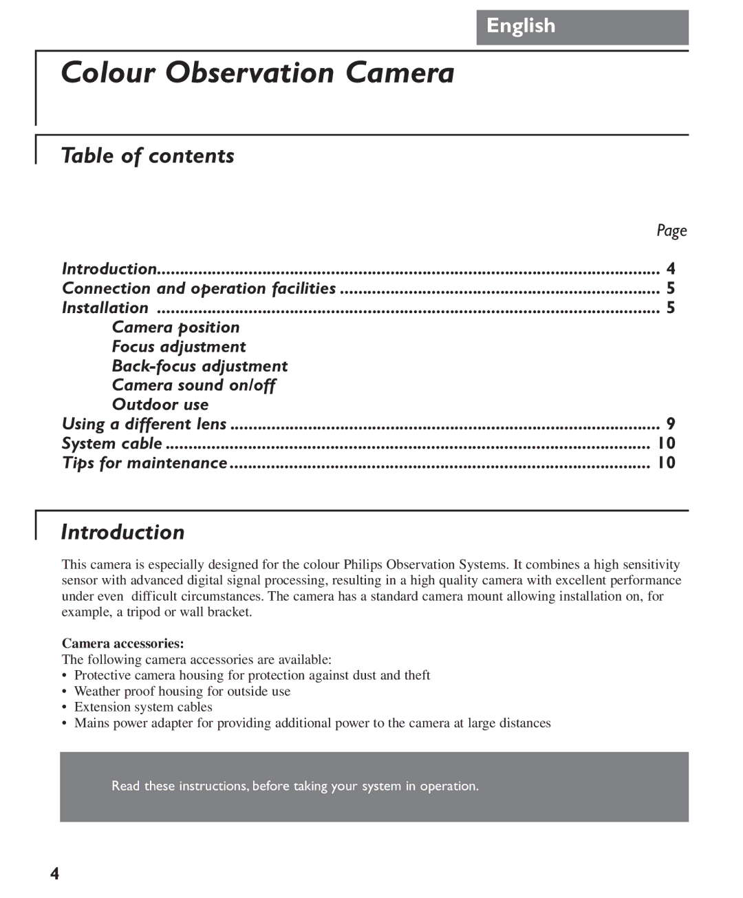 Philips Colour Observation Camera manual Table of contents, Introduction 