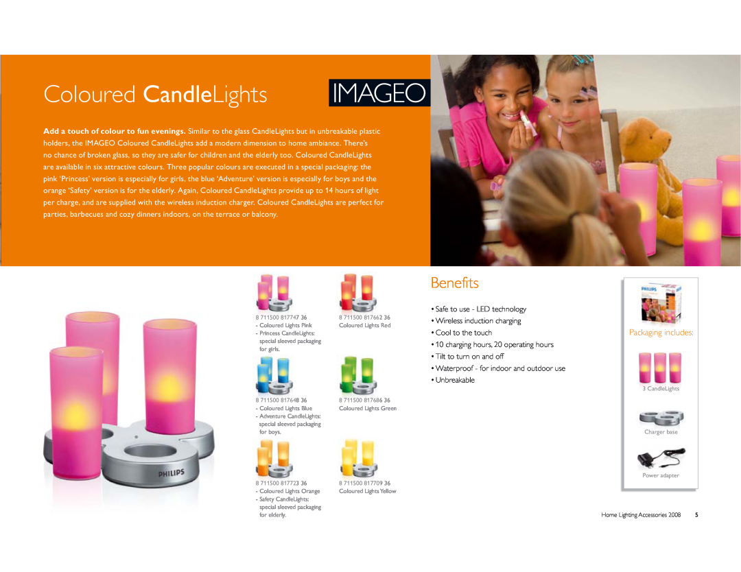 Philips Coloured CandleLights manual Benefits, ‡6DIHWRXVH/WHFKQRORJ, ‡ LuhohvvLqgxfwlrqFkdujlqj, ‡8QEUHDNDEOH 