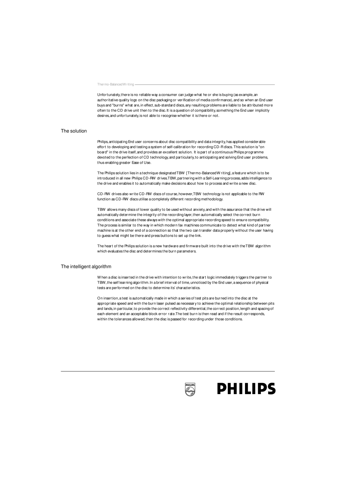 Philips Compact Disc Recordable manual Solution, Intelligent algorithm 