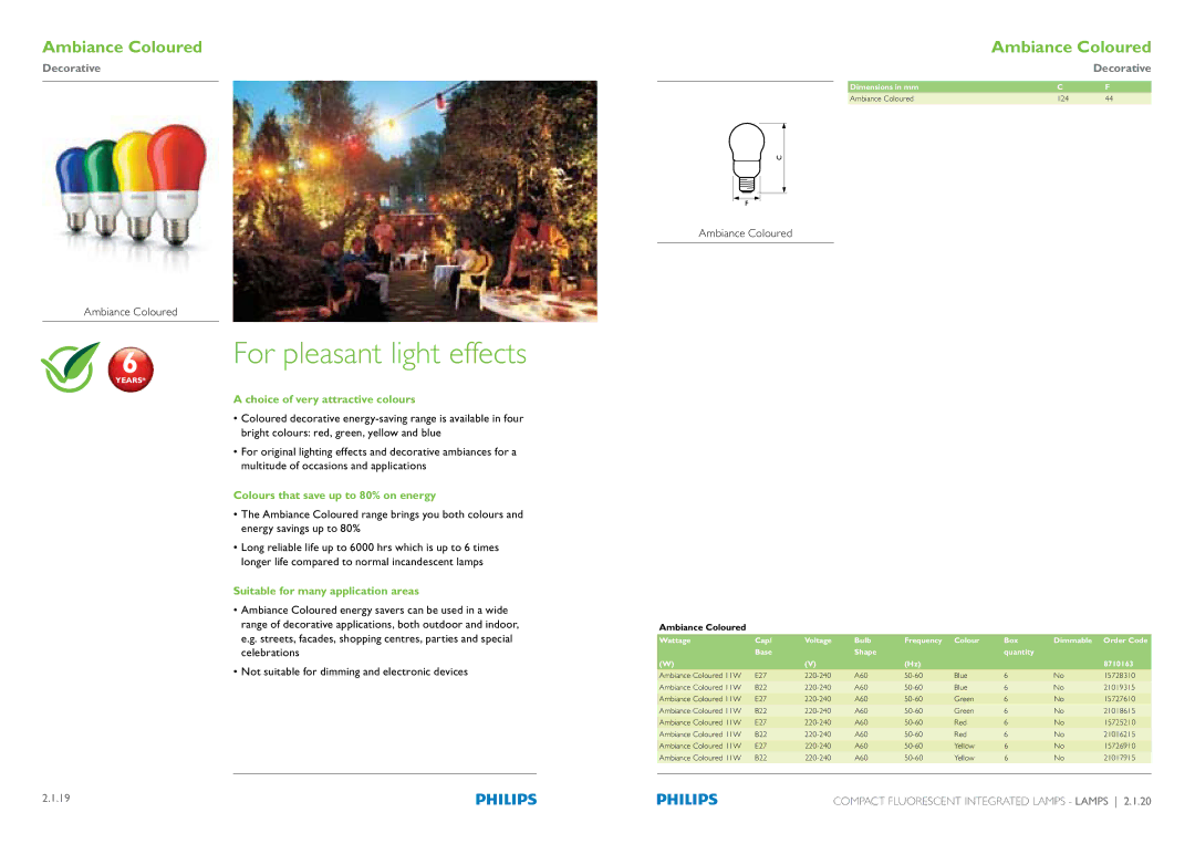 Philips Compact Fluorescent Integrated Lamps manual For pleasant light effects, Choice of very attractive colours 