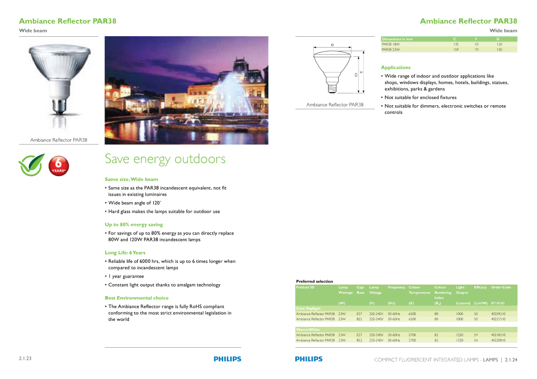 Philips Compact Fluorescent Integrated Lamps manual Same size,Wide beam 