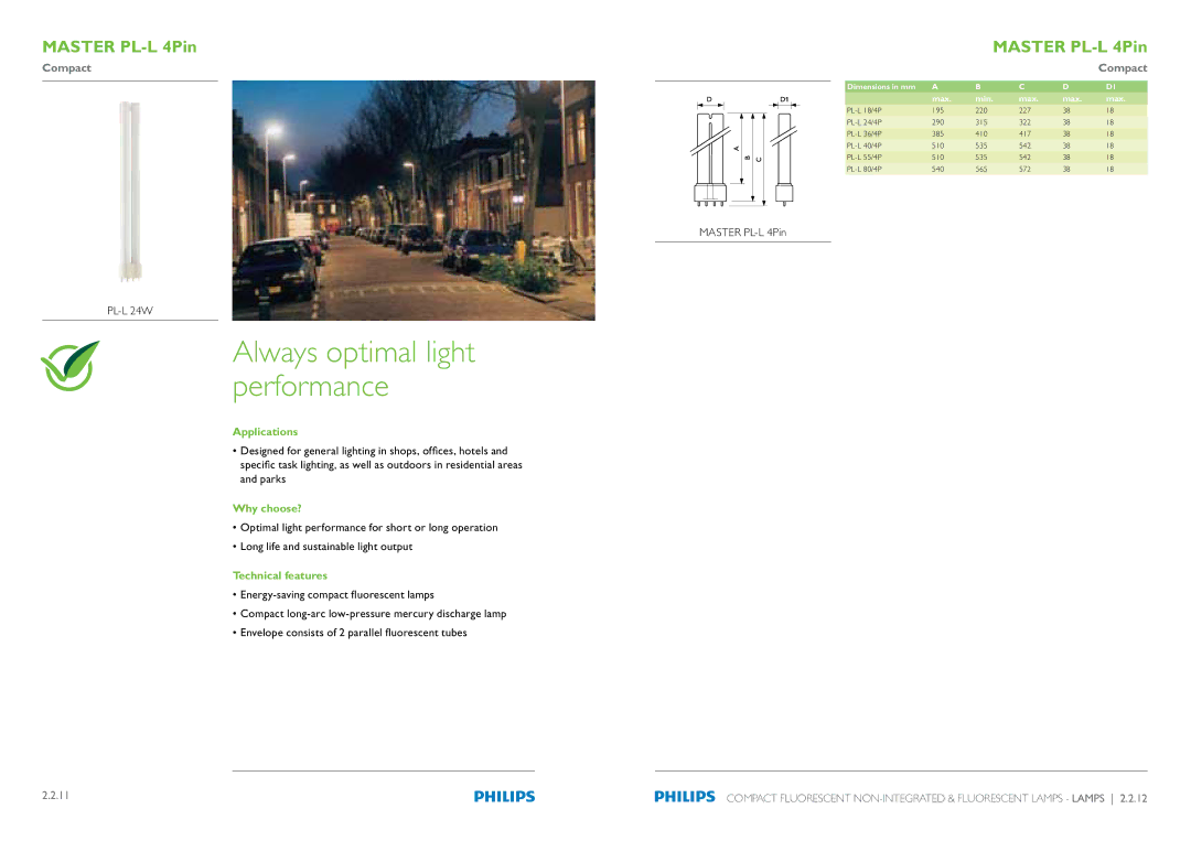 Philips Compact Fluorescent Integrated Lamps manual Always optimal light performance, PL-L 24W 