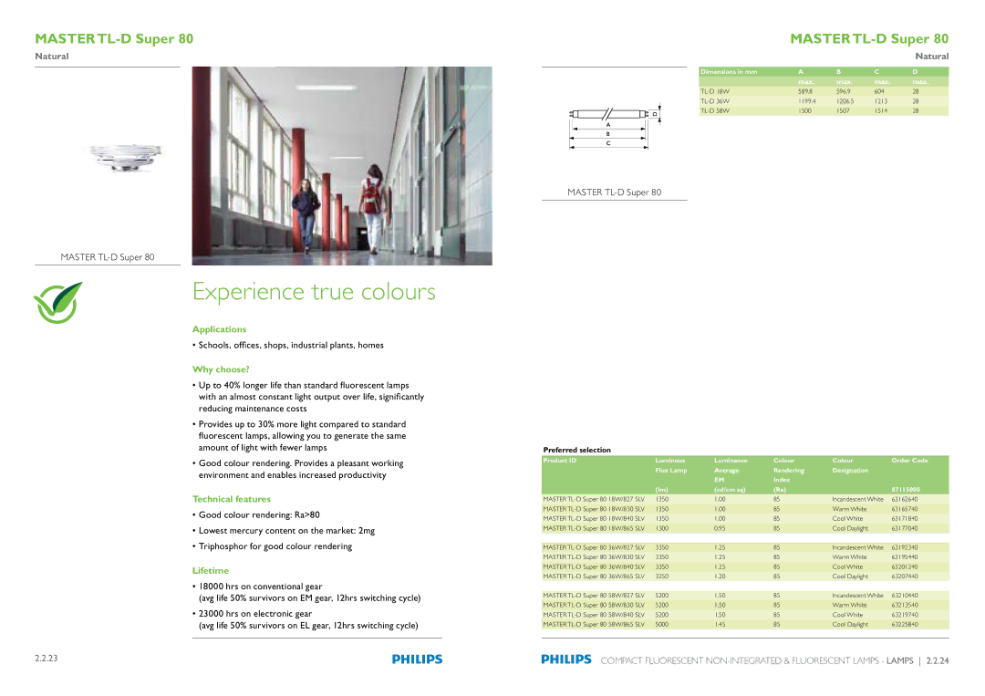 Philips Compact Fluorescent Integrated Lamps manual Experience true colours, Master TL-D Super, Lifetime 