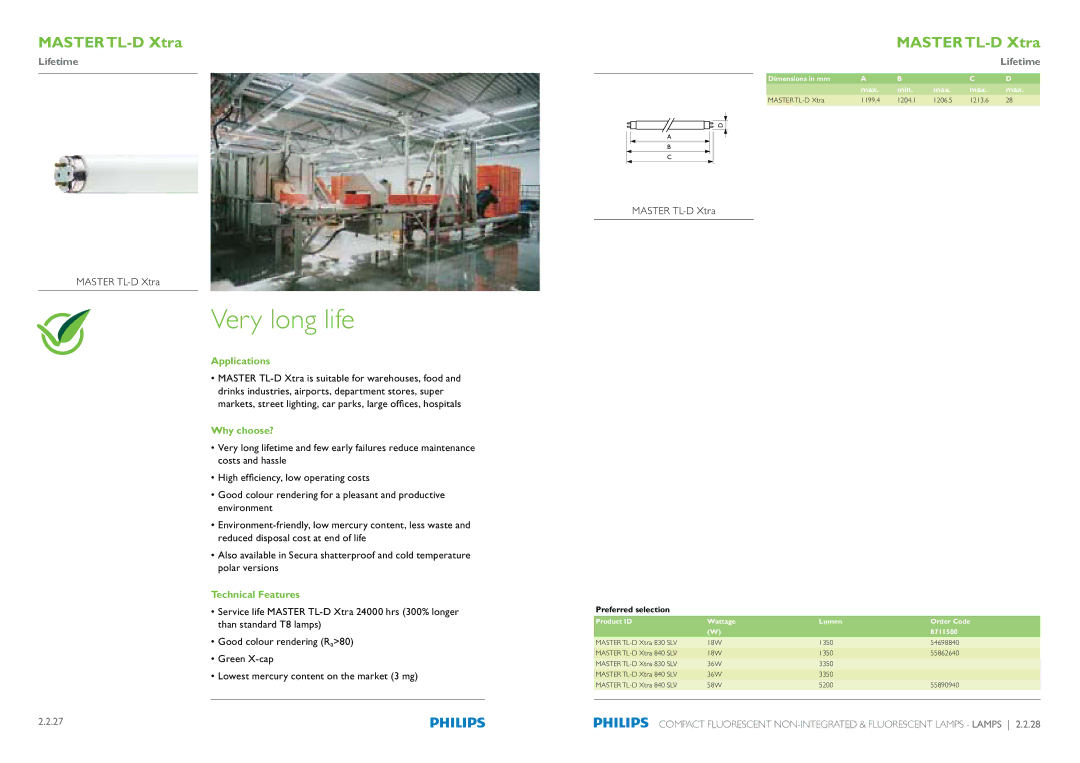 Philips Compact Fluorescent Integrated Lamps manual Very long life, Master TL-D Xtra 