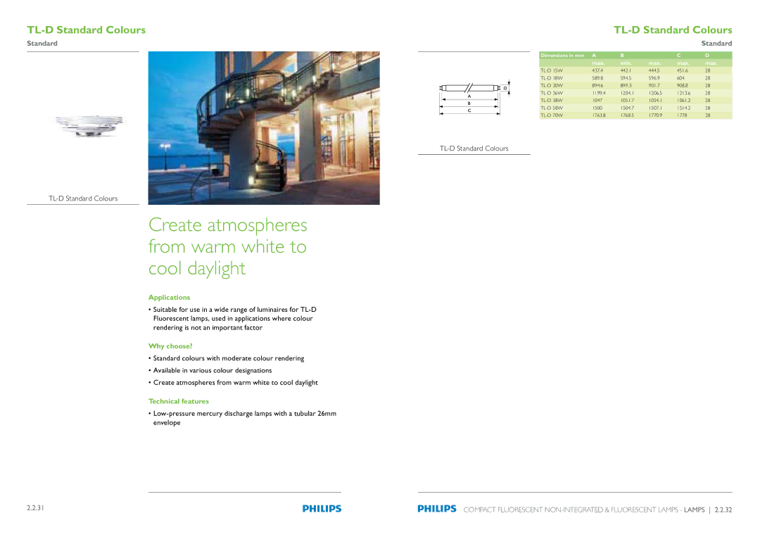 Philips Compact Fluorescent Integrated Lamps Create atmospheres from warm white to cool daylight, TL-D Standard Colours 