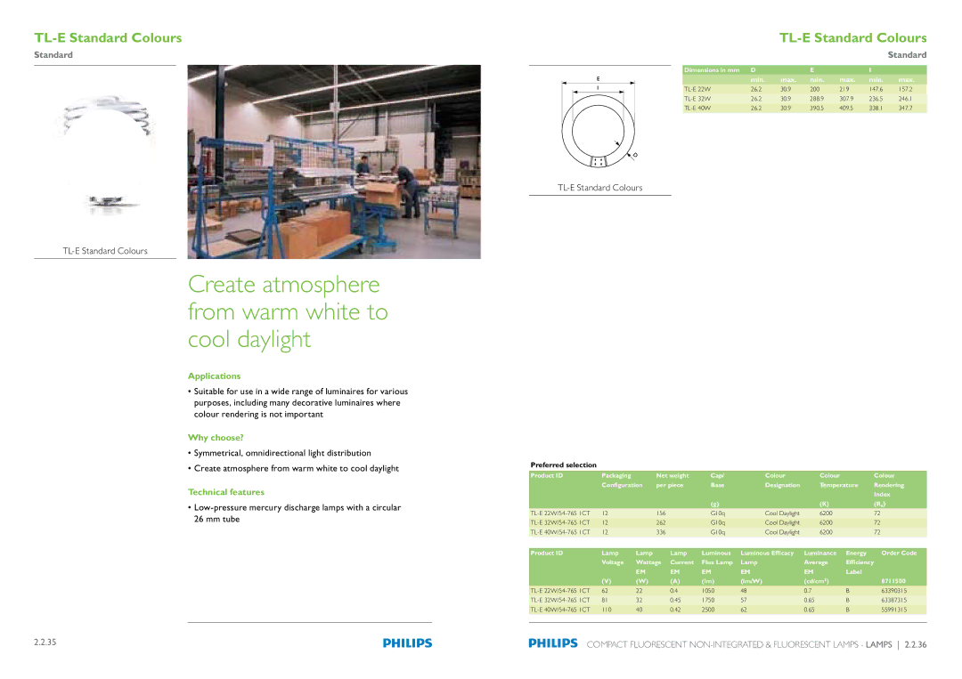 Philips Compact Fluorescent Integrated Lamps Create atmosphere from warm white to cool daylight, TL-E Standard Colours 